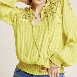 Anthropologie Moira Peasant Blouse in Chartreuse Size 8 Boho
